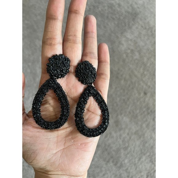 Big Black Earring teardrop metal statement bold chunky Pierced Pageant textured - Picture 8 of 8